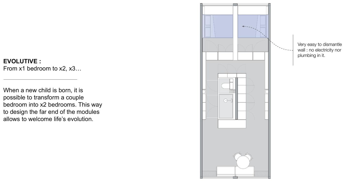 Plan showing a reconfigurable bedroom zone